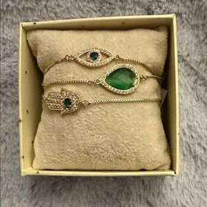 ARM CANDY Gold and Green Hamsa and Evil Eye Bracelet Set